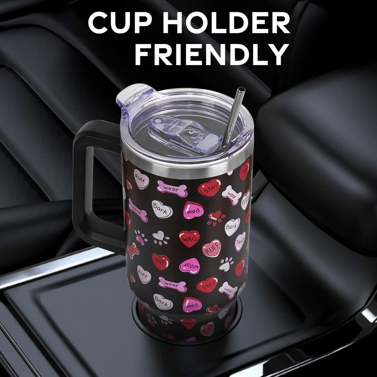 Lunabuddy™ Valentines Day Gifts 40 oz Tumbler with Handle and Straw Lid,Valentine''s Day Gift for Her Women Girlfriend Wife Dog Bones and Candy Hearts Vacuum Insulated Leak Proof Stainless Steel Coffee Cup Mug