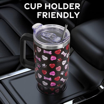 Lunabuddy™ Valentines Day Gifts 40 oz Tumbler with Handle and Straw Lid,Valentine''s Day Gift for Her Women Girlfriend Wife Dog Bones and Candy Hearts Vacuum Insulated Leak Proof Stainless Steel Coffee Cup Mug