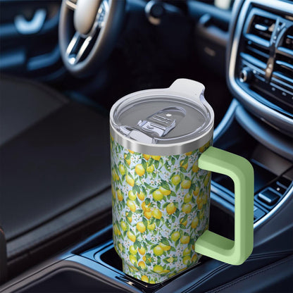 Lunabuddy™ 40 oz Lemon Theme Tumbler Spill Proof Lid 40oz Lemon Tumbler with Handle & Straw Double Insulated Travel Coffee Cup Lemon Lover Gifts for Men Women