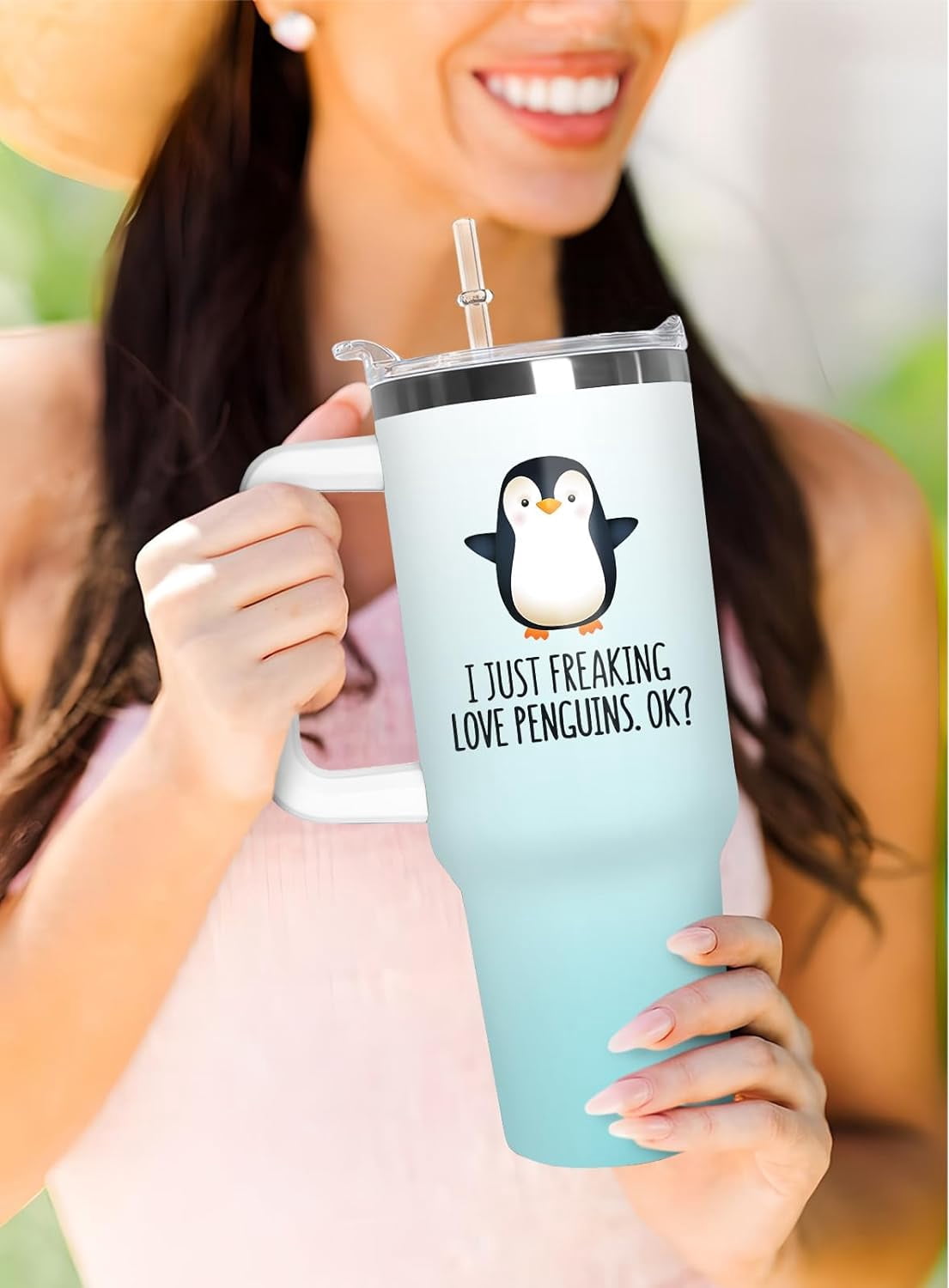 Lunabuddy™ 40 oz Penguin Tumbler with Handle Gifts for Penguin Lover 40oz Stainless Steel Travel Cup Mug Water Bottle