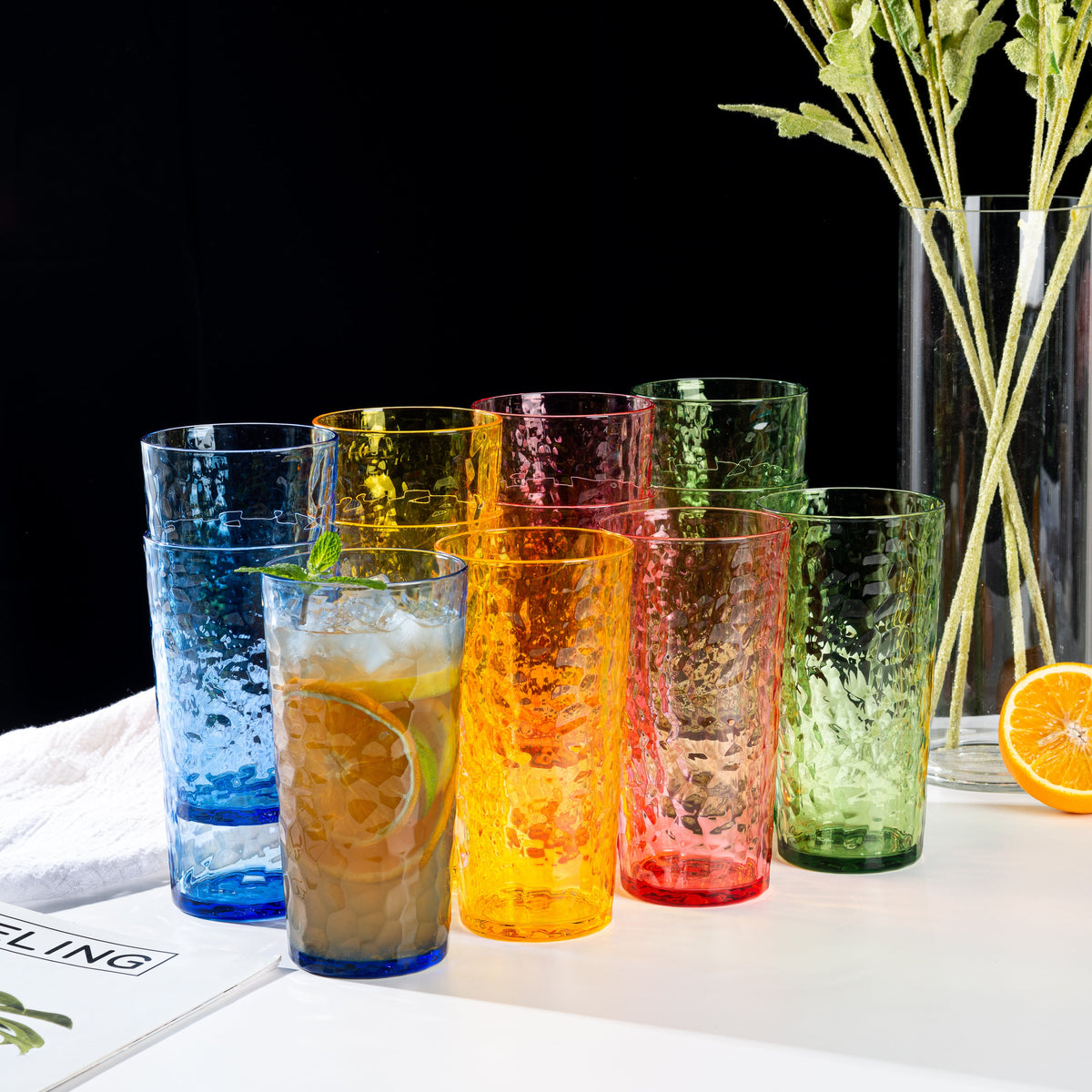 Lunabuddy™ ZAINCA Hammered 24 ounce Plastic Drinking Tumbler Acrylic Glasses, Set of 8 Multicolor