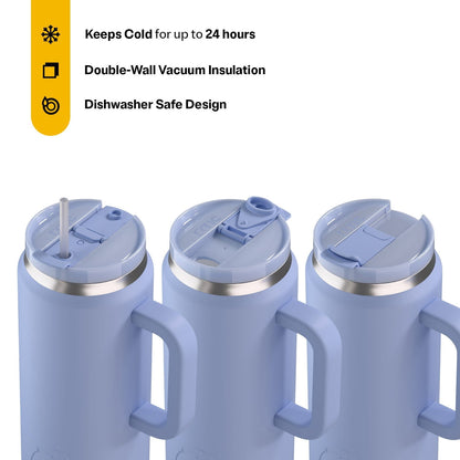 Lunabuddy™ 64 oz Ceramic Lined Road Trip Tumbler with Handle and Leak-Resistant Straw Lid, Periwinkle