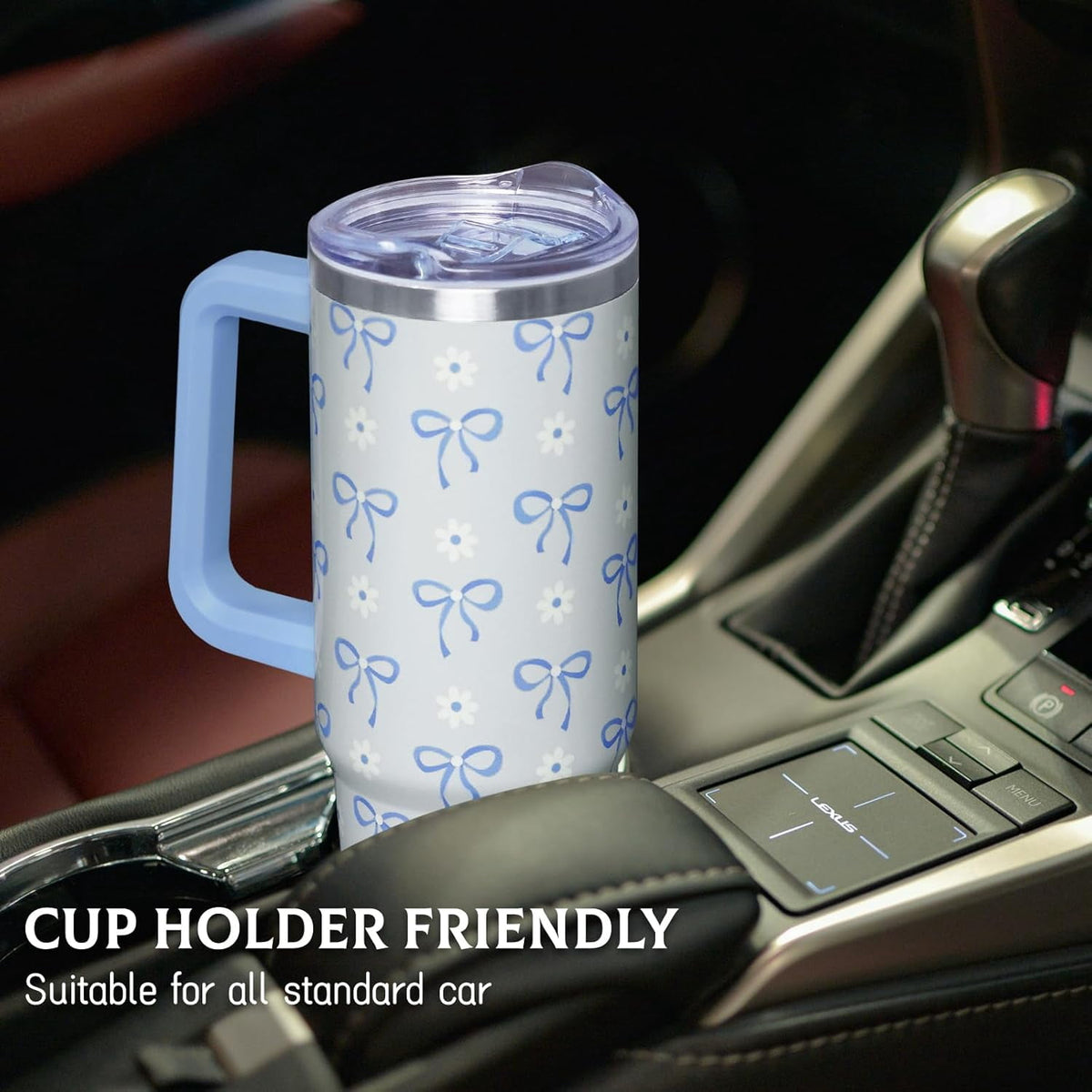 Lunabuddy™ 30 Oz Blue Bow Tumbler with Handle and Straw, Insulated Stainless Steel Coffee Travel Cup Mug Water Bottle, Blue Bow Themed Gifts for Women Teen Girl