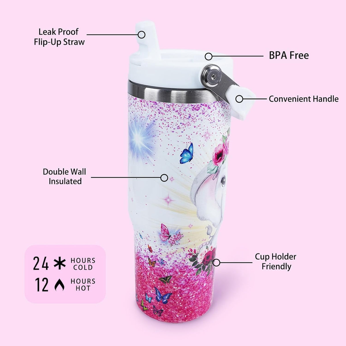 Lunabuddy™ Elephant Mug 30 oz Tumbler with Handle Flip Straw Leak Proof - Elephant Gifts for Women 30oz Tumbler 30 Ounce Travel Coffee Mug - Birthday Gifts for Women Friend Daughter Lover