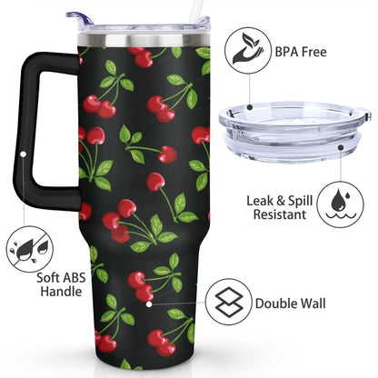 Lunabuddy™ 40oz Red Cherry Fruit Pattern Stainless Steel Flip Straw Tumbler Spill Proof Travel Cup Double Wall Vacuum Insulated Coffee Mug with Top Handle