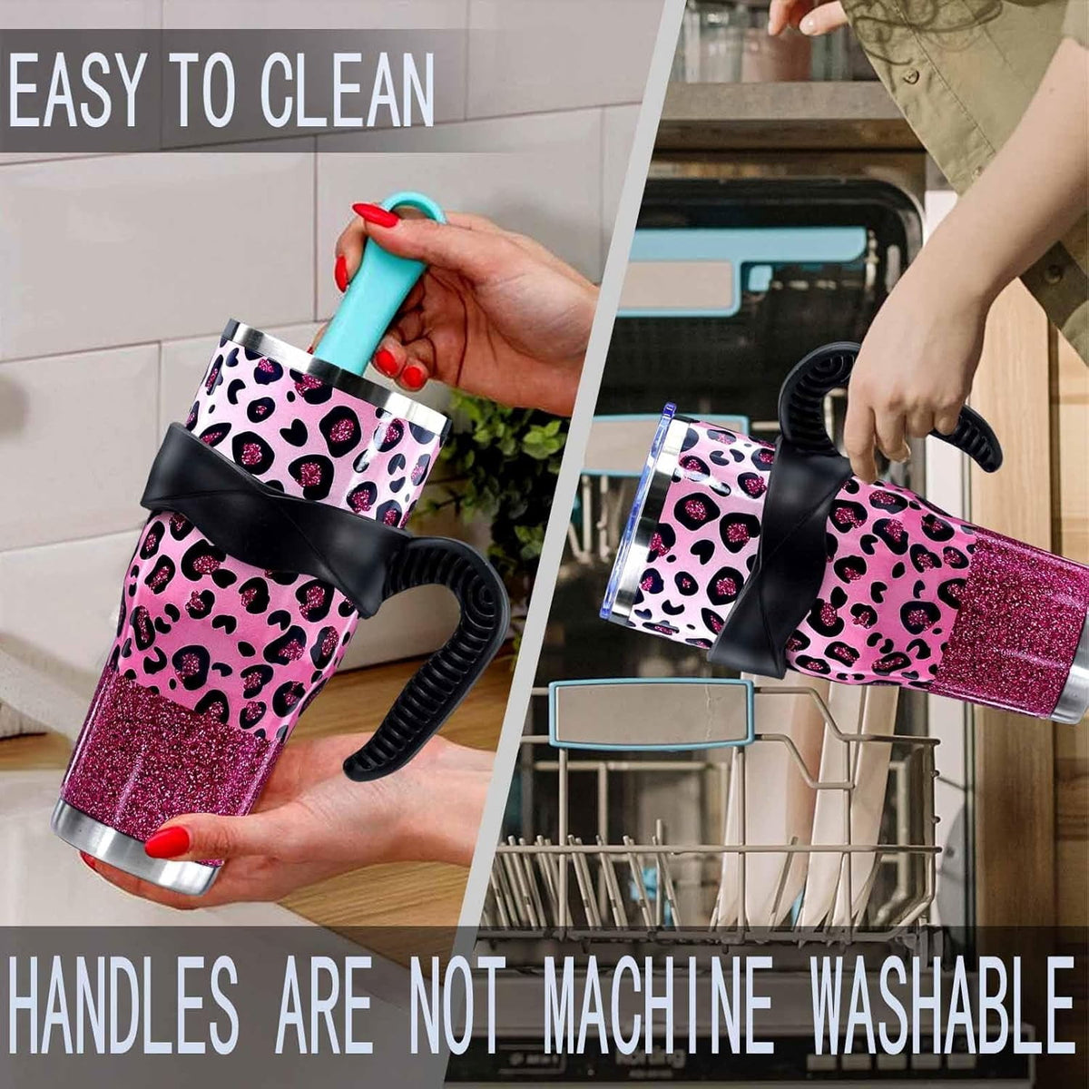 Lunabuddy™ Sunmdecor Pink Leopard Print Tumbler with Handle and Silicone Straws - 40 Oz Cheetah Insulated Tumbler - Leopard Cup Gift for Women