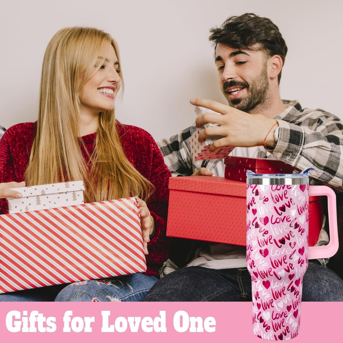Lunabuddy™ 40 Oz Valentines Day Tumbler 3d-Printed Pink Love Tumbler Gifts for Couple Women Men Insulated Travel Cup with Handle Lid and Straw