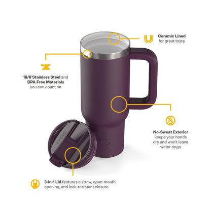Lunabuddy™ 30 oz Ceramic Lined Road Trip Tumbler with Handle and Leak-Resistant Straw Lid, Plum