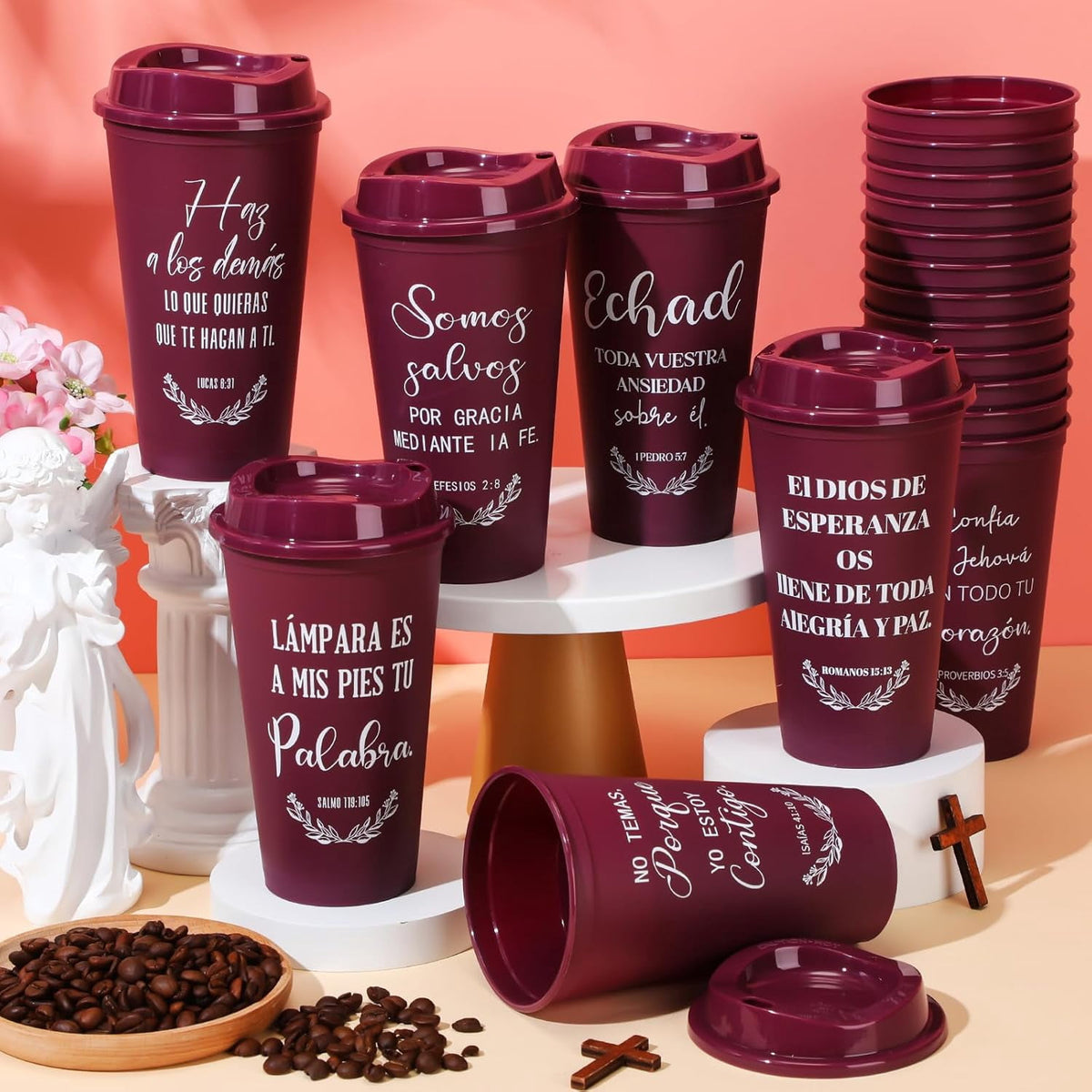 Lunabuddy™ Spanish Bible Verse Tumblers Bulk, 16 oz Reusable Christian Cups with Lids, Plastic Coffee Cups for Church Events, Bible Study, Sunday School, Teacher Appreciation(Wine Red,24)