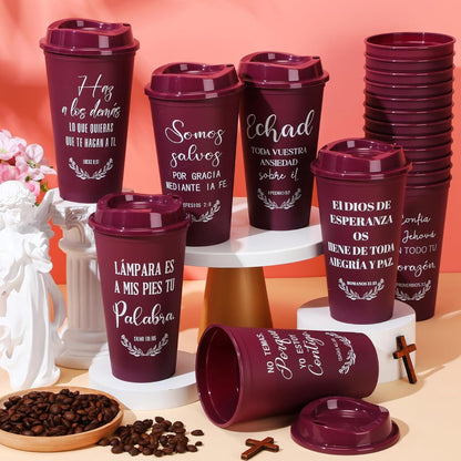 Lunabuddy™ Spanish Bible Verse Tumblers Bulk, 16 oz Reusable Christian Cups with Lids, Plastic Coffee Cups for Church Events, Bible Study, Sunday School, Teacher Appreciation(Wine Red,24)
