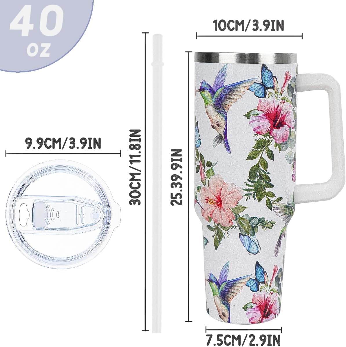 Lunabuddy™ 40 oz Tumbler with Handle and Straw Leak Proof Tumbler 40 oz Insulated Cup with Handle Hummingbird Coffee Travel Mug 40 oz Hummingbird Tumbler with Handle Hummingbird Gifts for Women