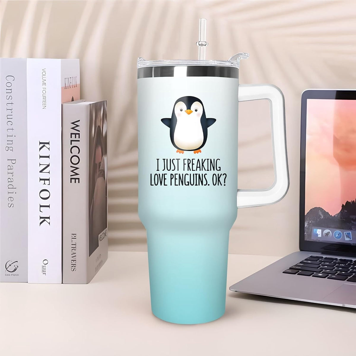 Lunabuddy™ 40 oz Penguin Tumbler with Handle Gifts for Penguin Lover 40oz Stainless Steel Travel Cup Mug Water Bottle