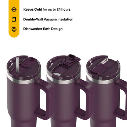Lunabuddy™ 30 oz Ceramic Lined Road Trip Tumbler with Handle and Leak-Resistant Straw Lid, Plum