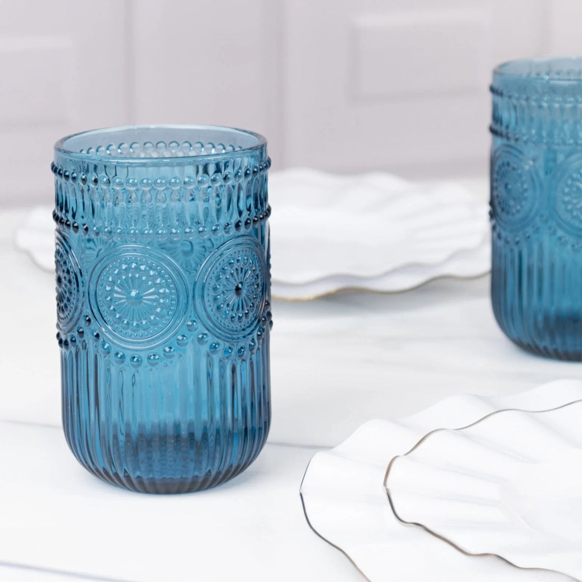 Lunabuddy™ BalsaCircle 6 Ocean Blue 14 oz Round Glass Tumblers with Vintage Floral Embossed Pattern Party Tableware Wedding Events Decorations Supplies