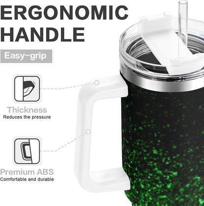 Lunabuddy™ Ombre Leopard Glitter 40 oz Insulated Double Wall Stainless Steel Tumbler with Handle and Straw, Lid, Large Travel Mug Fits in Cup Holder, Cup Gift for Women(Green)