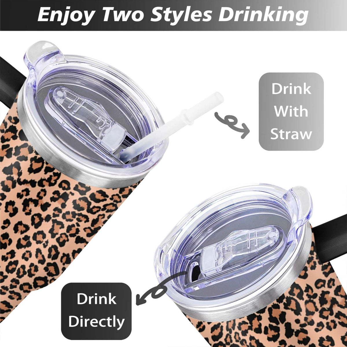 Lunabuddy™ 40oz Fashion Leopard Pattern Stainless Steel Flip Straw Tumbler Spill Proof Travel Cup Double Wall Vacuum Insulated Coffee Mug with Top Handle