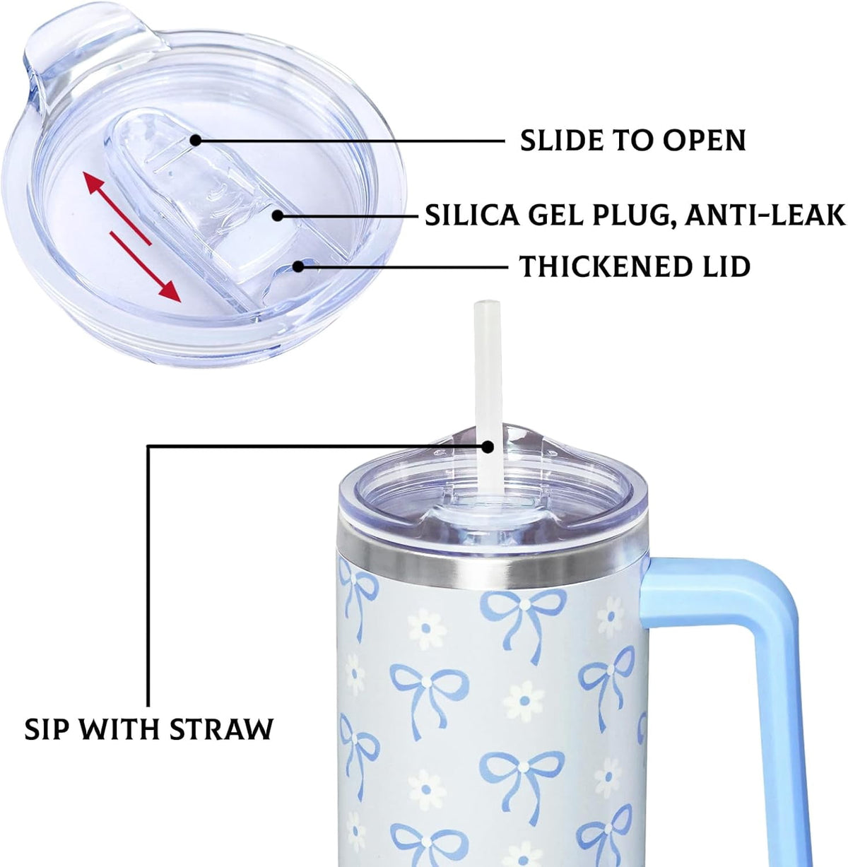 Lunabuddy™ 30 Oz Blue Bow Tumbler with Handle and Straw, Insulated Stainless Steel Coffee Travel Cup Mug Water Bottle, Blue Bow Themed Gifts for Women Teen Girl