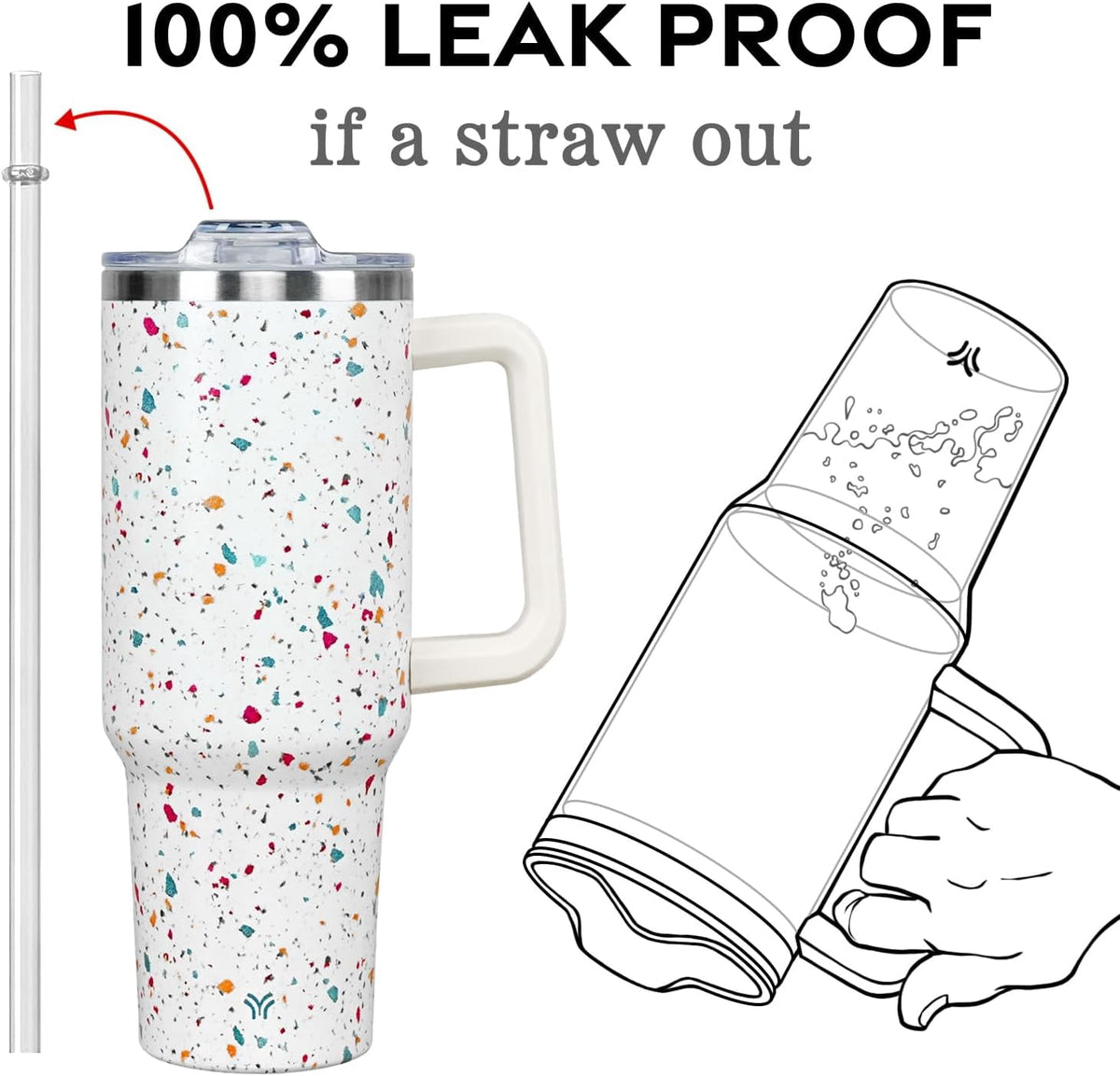 Lunabuddy™ 40oz Tumbler with Handle and Straw Lid | Vacuum Insulated Leak Proof Tumbler | Stainless Steel Travel Mug Water Bottle Cup Keeps Cold & Hot | Terrazzo