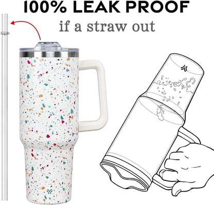 Lunabuddy™ 40oz Tumbler with Handle and Straw Lid | Vacuum Insulated Leak Proof Tumbler | Stainless Steel Travel Mug Water Bottle Cup Keeps Cold & Hot | Terrazzo