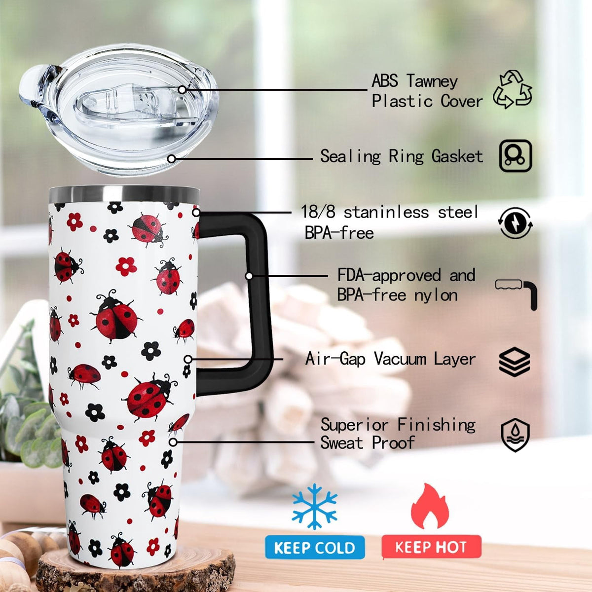 Lunabuddy™ 40 Oz Ladybug Tumbler With Handle - Coffee Travel Mug Cup Water Bottle, Strawberry Decor - Gifts for Women