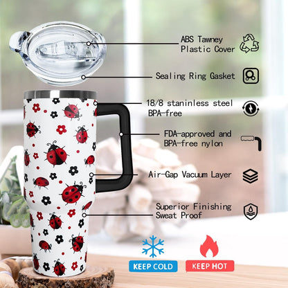 Lunabuddy™ 40 Oz Ladybug Tumbler With Handle - Coffee Travel Mug Cup Water Bottle, Strawberry Decor - Gifts for Women